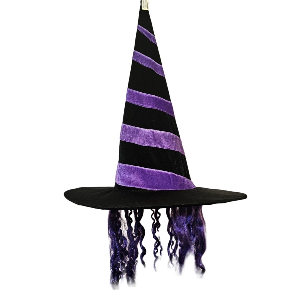 Pony Express Halloween black and purple witches hat with synthetic curly hair.